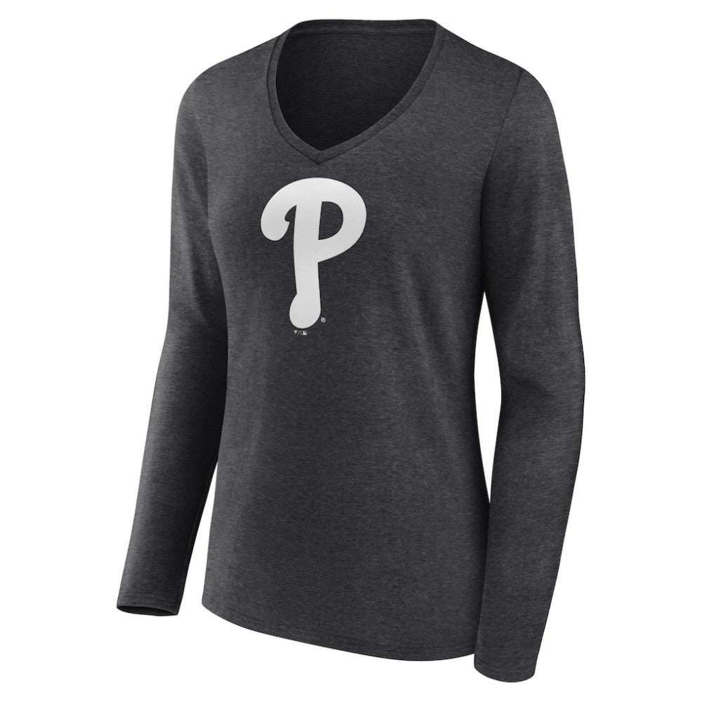 Philadelphia Phillies Women's Personalized Monochrome Name & Number Long Sleeve V-Neck T-Shirt - Charcoal