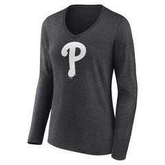Philadelphia Phillies Women's Personalized Monochrome Name & Number Long Sleeve V-Neck T-Shirt - Charcoal