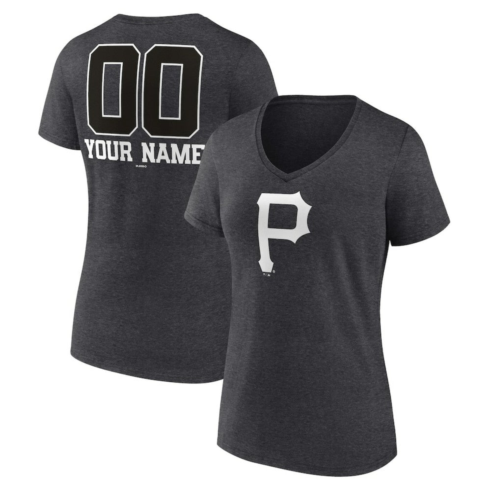 Pittsburgh Pirates Women's Personalized Monochrome Name & Number V-Neck T-Shirt - Charcoal
