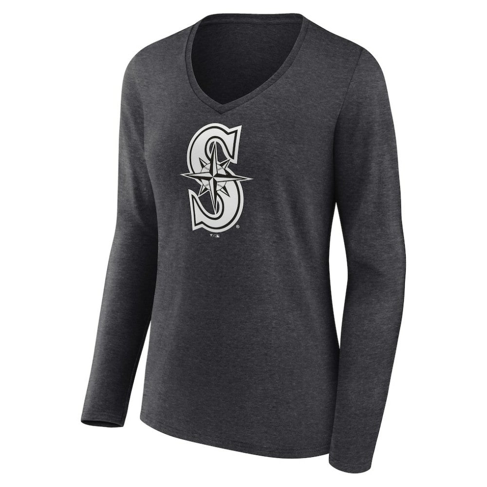 Seattle Mariners Women's Personalized Monochrome Name & Number Long Sleeve V-Neck T-Shirt - Charcoal