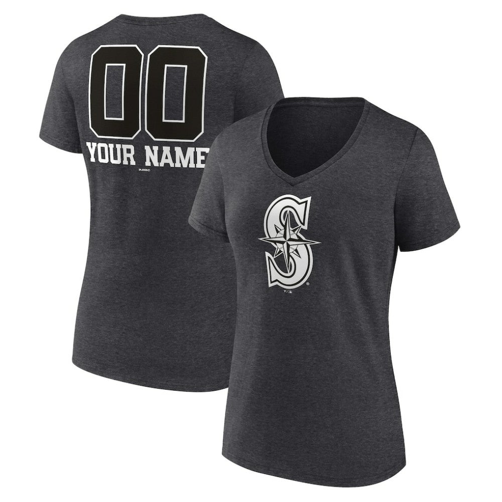 Seattle Mariners Women's Personalized Monochrome Name & Number V-Neck T-Shirt - Charcoal