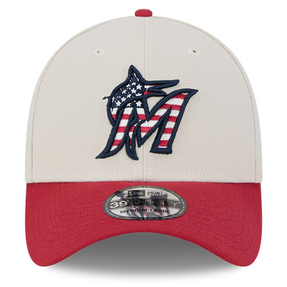 Miami Marlins 2024 Fourth of July 39THIRTY Flex Hat - Khaki/Red | New Era