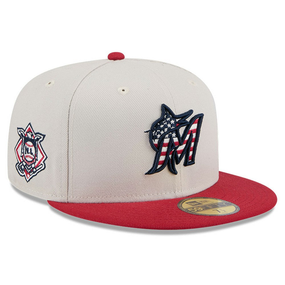 Miami Marlins 2024 Fourth of July 59FIFTY Fitted Hat - Khaki/Red | New Era