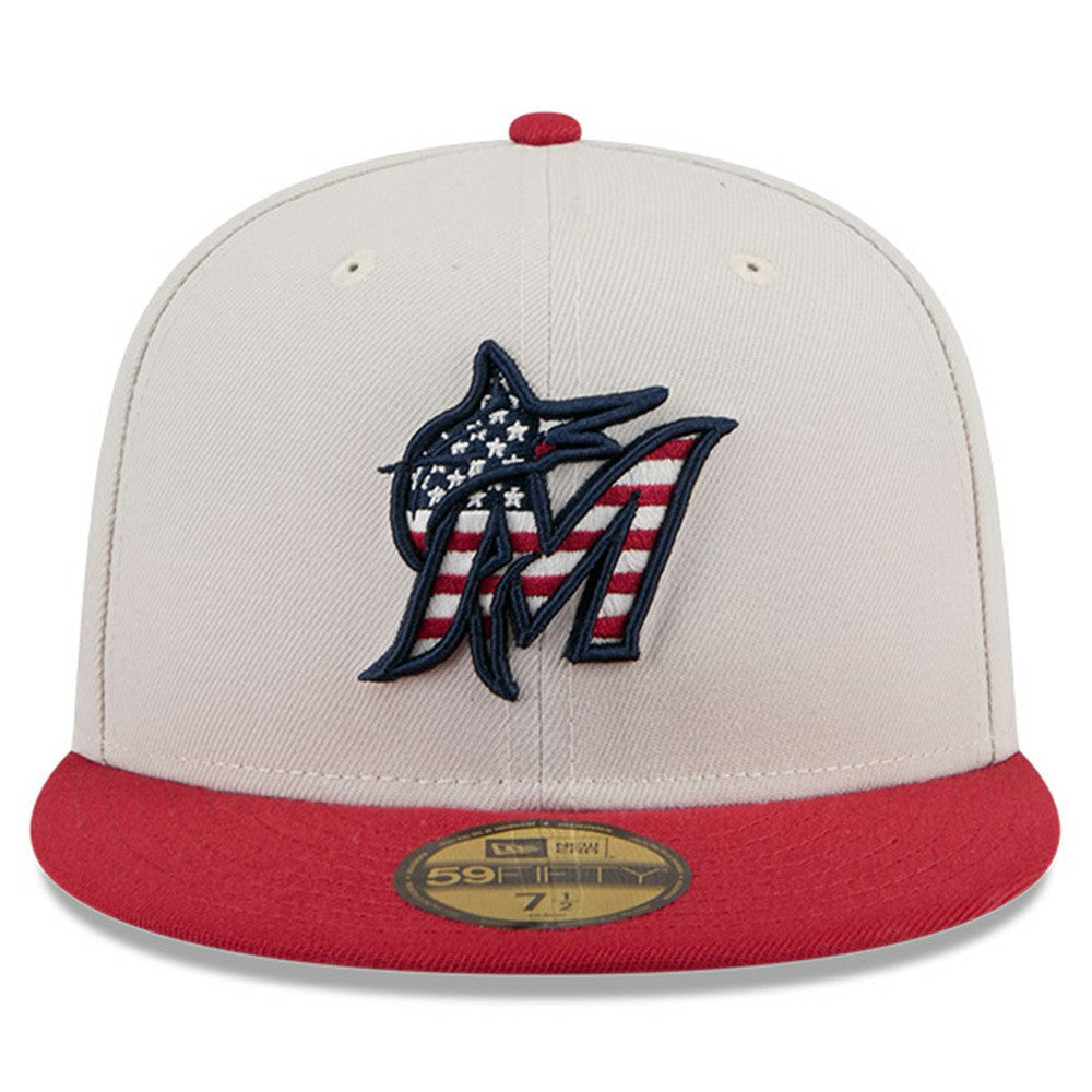 Miami Marlins 2024 Fourth of July 59FIFTY Fitted Hat - Khaki/Red | New Era