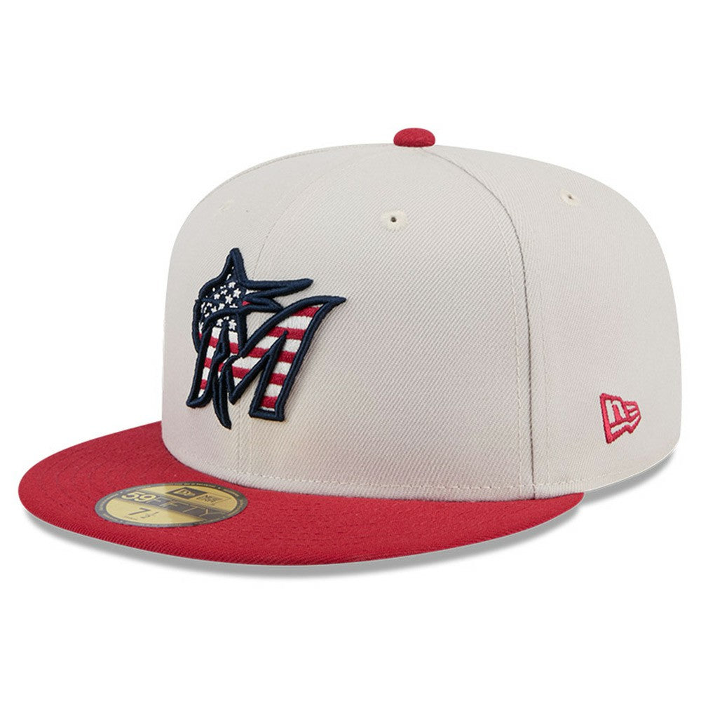 Miami Marlins 2024 Fourth of July 59FIFTY Fitted Hat - Khaki/Red | New Era