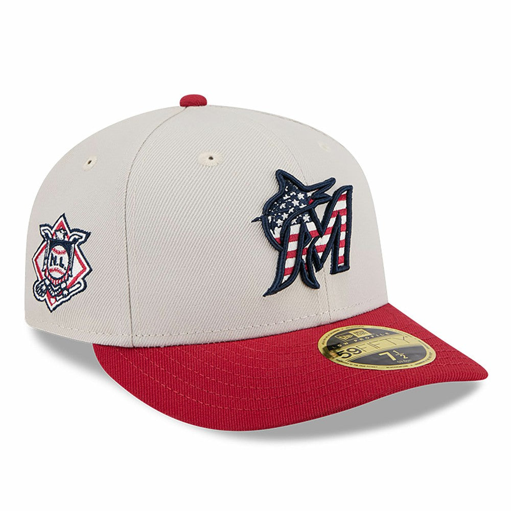 Miami Marlins 2024 Fourth of July Low Profile 59FIFTY Fitted Hat - Khaki/Red | New Era