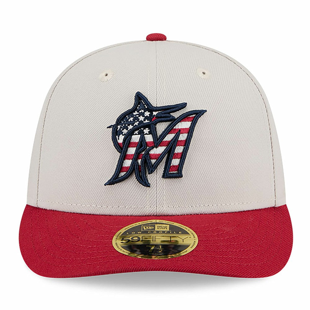 Miami Marlins 2024 Fourth of July Low Profile 59FIFTY Fitted Hat - Khaki/Red | New Era