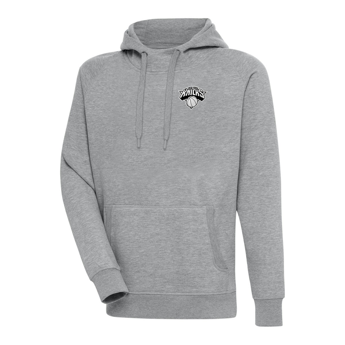 New York Knicks Antigua Metallic Logo Victory Raglan Pullover Hoodie - Heather Gray on sale