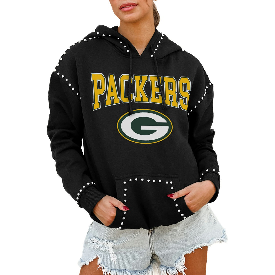 NFL Green Bay Packers Gameday Couture Women's Oversized Catch the Vibe Studded Pullover Hoodie
