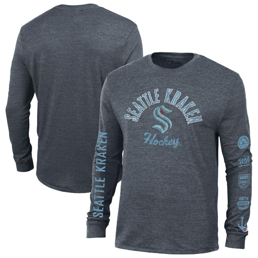 Seattle Kraken Champion Multi-Logo Tri-Blend Long Sleeve T-Shirt