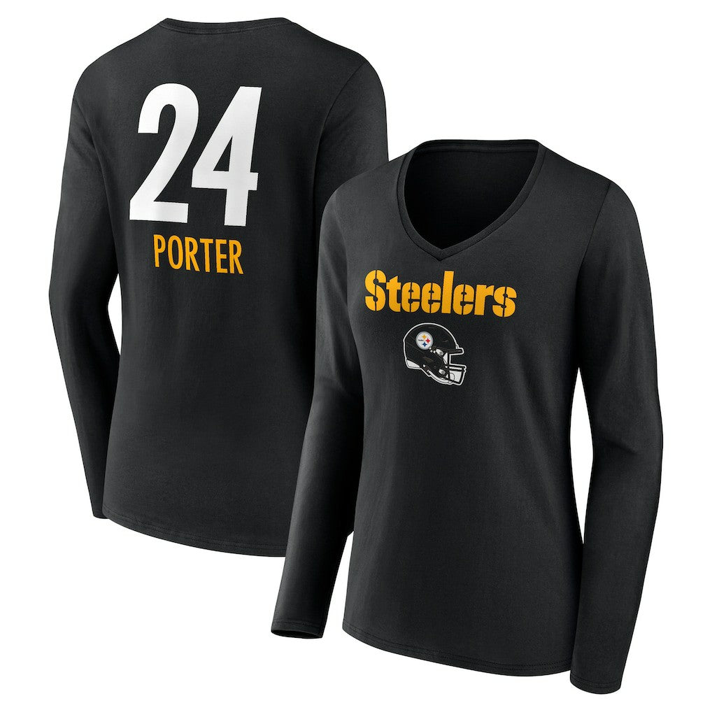 NFL Pittsburgh Steelers Joey Porter Jr.  Women's Team Wordmark Player Name & Number Long Sleeve V-Neck T-Shirt