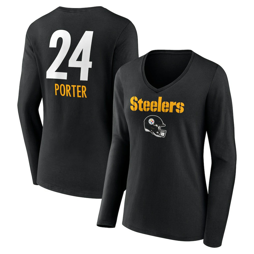 NFL Pittsburgh Steelers Joey Porter Jr.  Women's Team Wordmark Player Name & Number Long Sleeve V-Neck T-Shirt