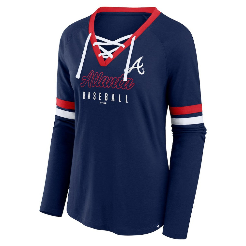 Atlanta Braves Women's Won & Done Raglan Lace-Up Long Sleeve T-Shirt - Navy