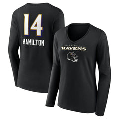 NFL Baltimore Ravens Kyle Hamilton  Women's Team Wordmark Player Name & Number Long Sleeve V-Neck T-Shirt