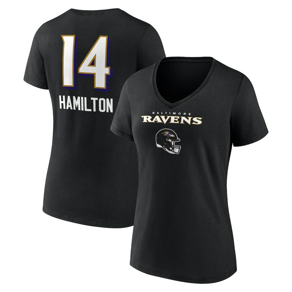 NFL Baltimore Ravens Kyle Hamilton  Women's Team Wordmark Player Name & Number V-Neck T-Shirt