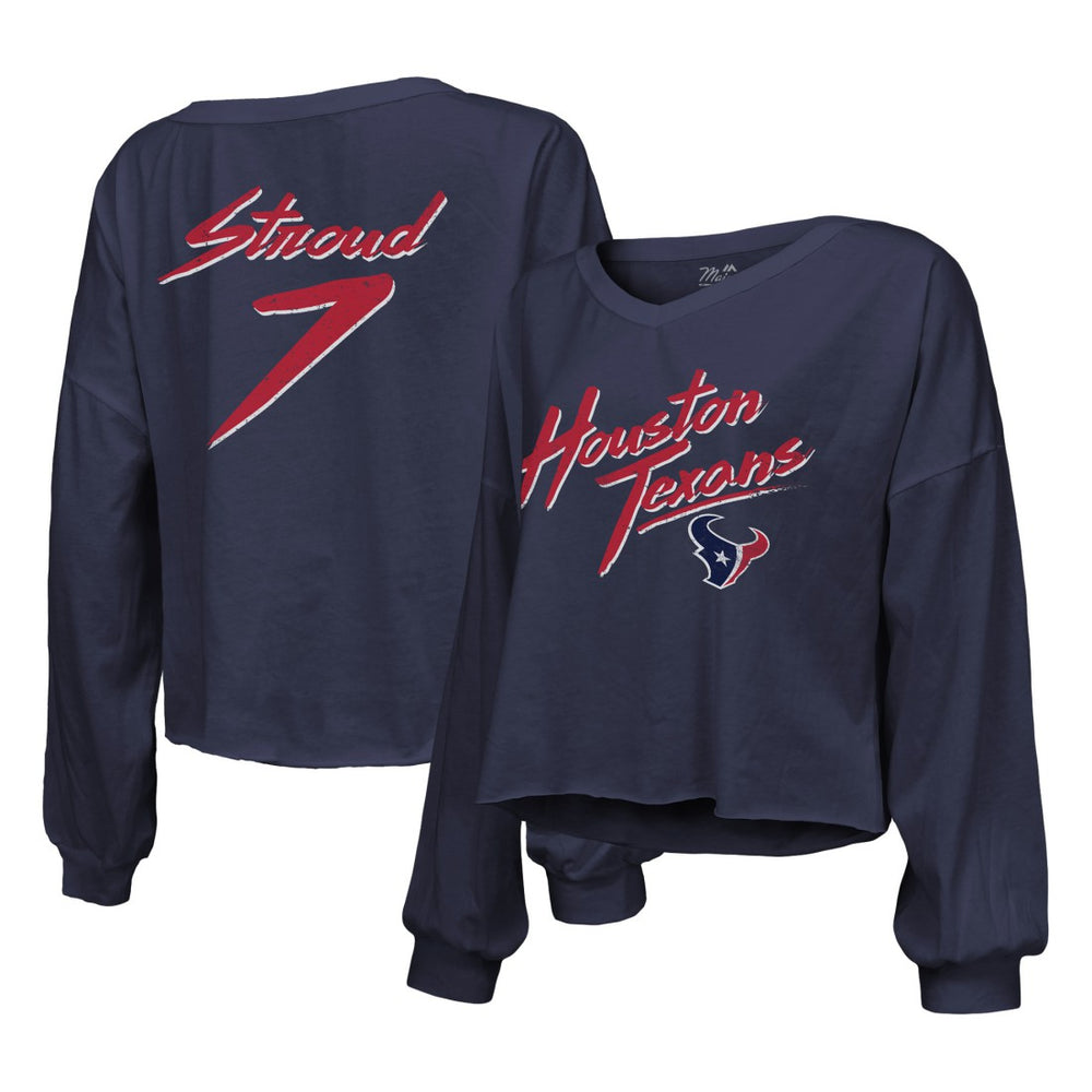 NFL Houston Texans C.J. Stroud  Majestic Threads Women's Name & Number Script Off-Shoulder Cropped Long Sleeve T-Shirt