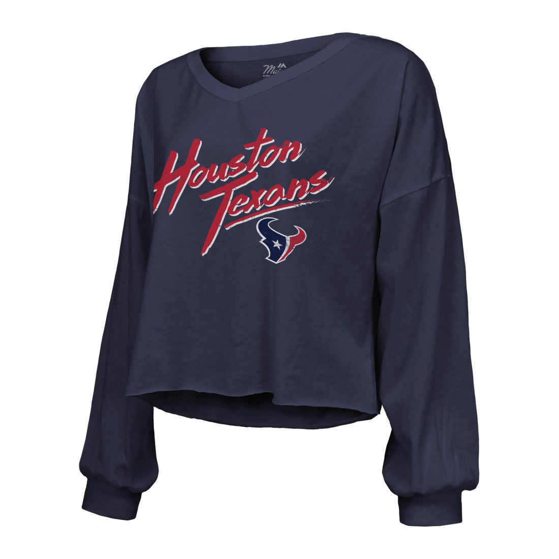 NFL Houston Texans C.J. Stroud  Majestic Threads Women's Name & Number Script Off-Shoulder Cropped Long Sleeve T-Shirt
