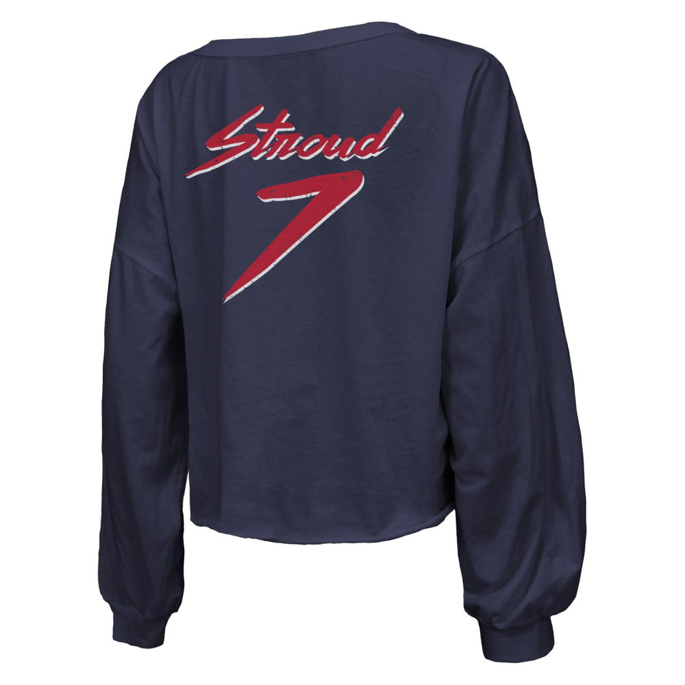 NFL Houston Texans C.J. Stroud  Majestic Threads Women's Name & Number Script Off-Shoulder Cropped Long Sleeve T-Shirt