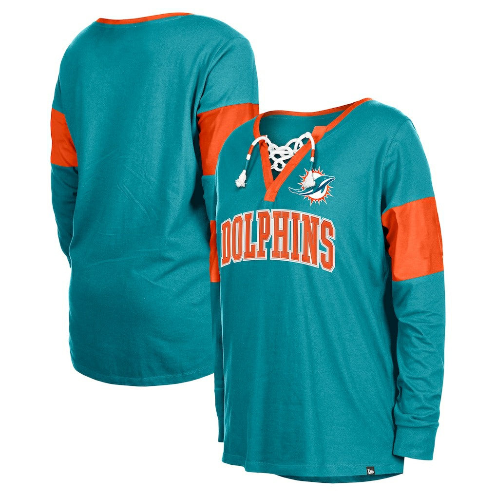 NFL Miami Dolphins Women's Lace-Up Notch-Neck Long Sleeve T-Shirt