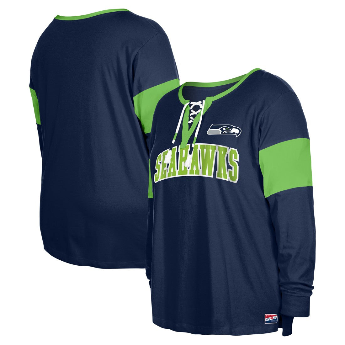 NFL Seattle Seahawks Women's Plus Size Lace-Up Notch Neck Long Sleeve T-Shirt