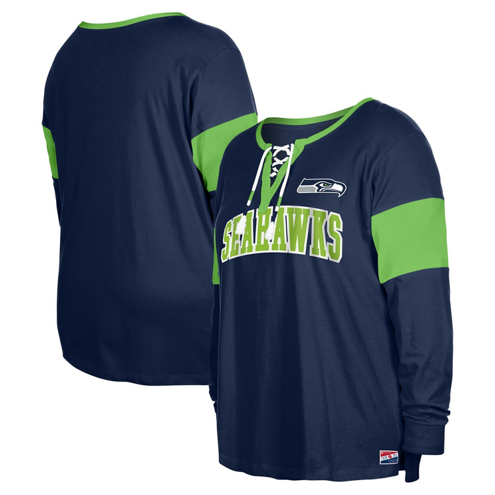 NFL Seattle Seahawks Women's Plus Size Lace-Up Notch Neck Long Sleeve T-Shirt