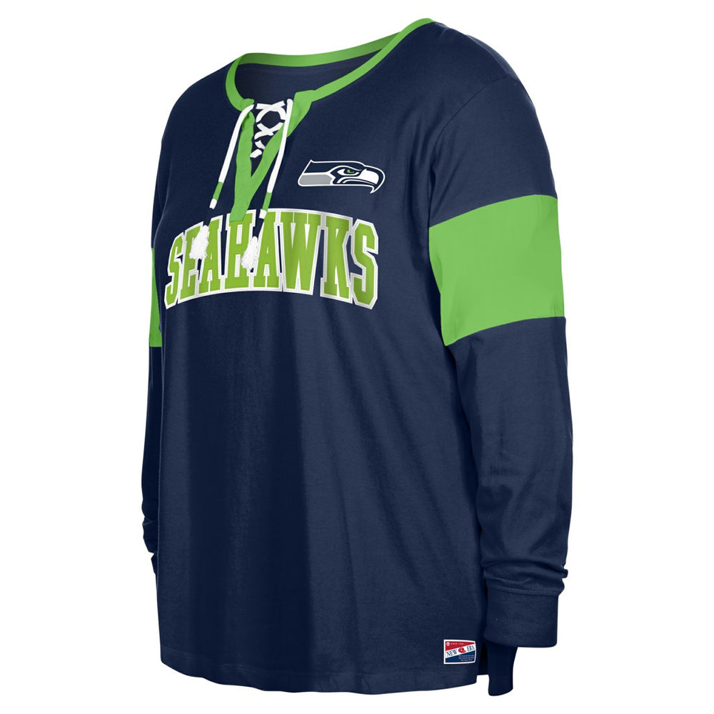 NFL Seattle Seahawks Women's Plus Size Lace-Up Notch Neck Long Sleeve T-Shirt