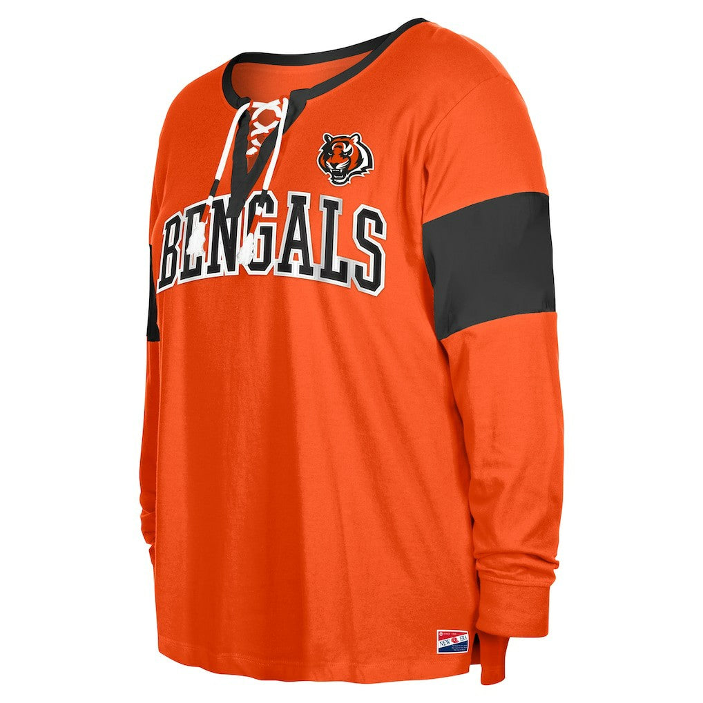NFL Cincinnati Bengals Women's Plus Size Lace-Up Notch Neck Long Sleeve T-Shirt