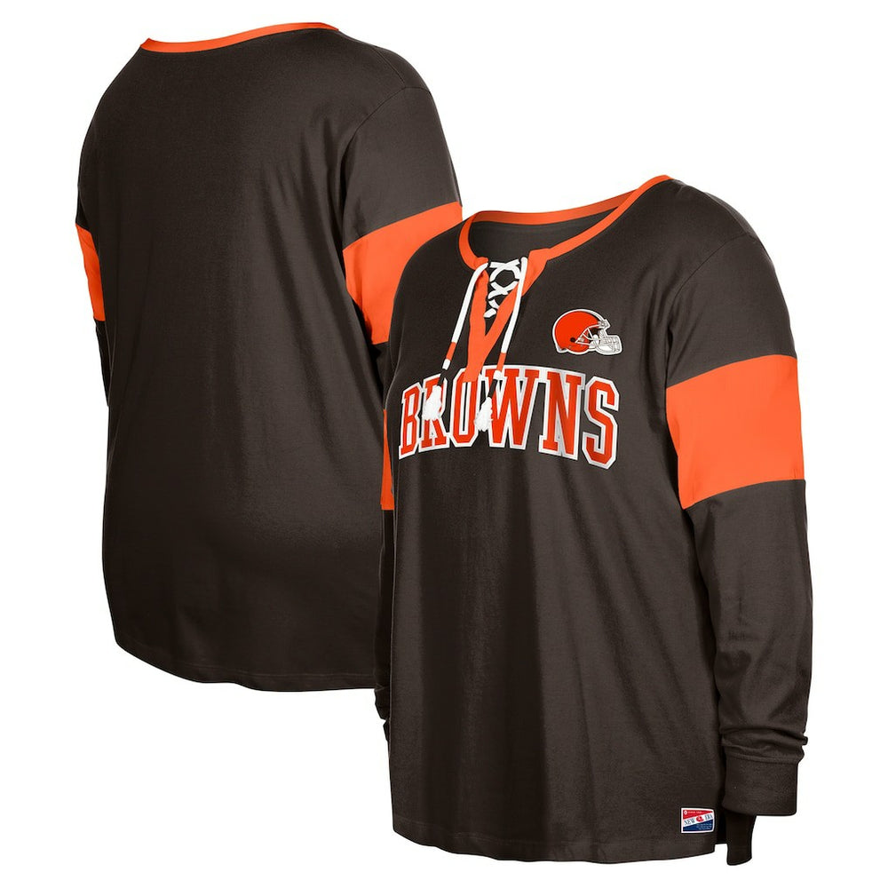 NFL Cleveland Browns Women's Plus Size Lace-Up Notch Neck Long Sleeve T-Shirt