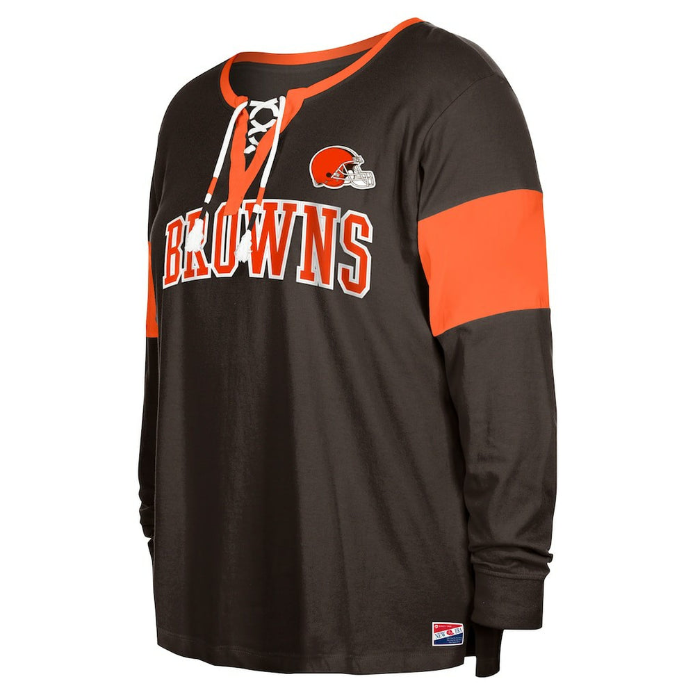 NFL Cleveland Browns Women's Plus Size Lace-Up Notch Neck Long Sleeve T-Shirt