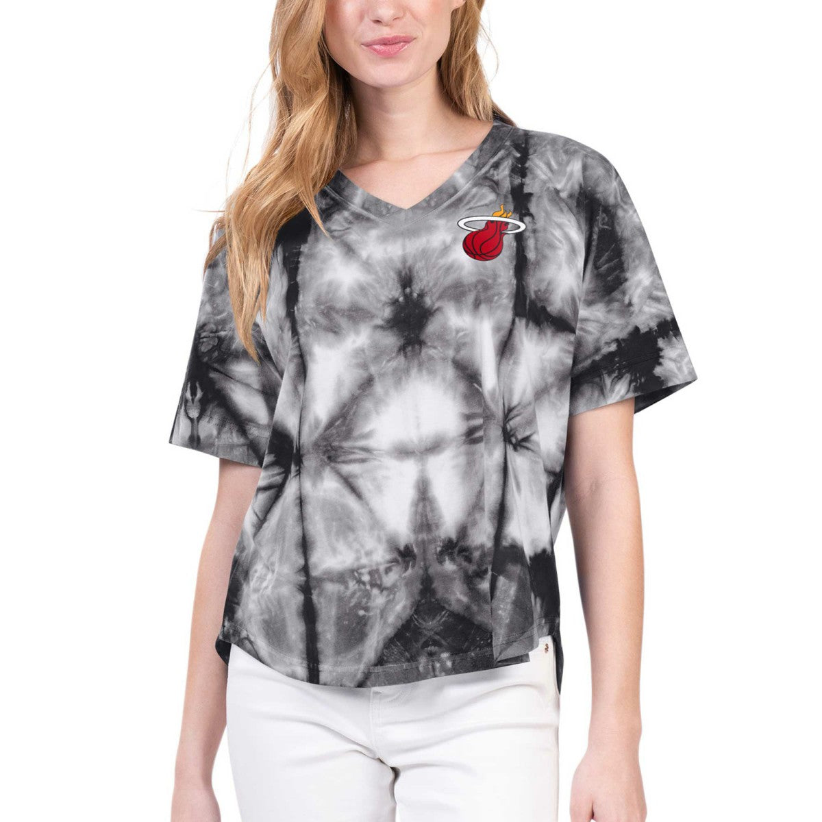 Miami Heat G-III 4Her by Carl Banks Women's Tournament Raglan Oversized Tie-Dye V-Neck T-Shirt - Black for sale