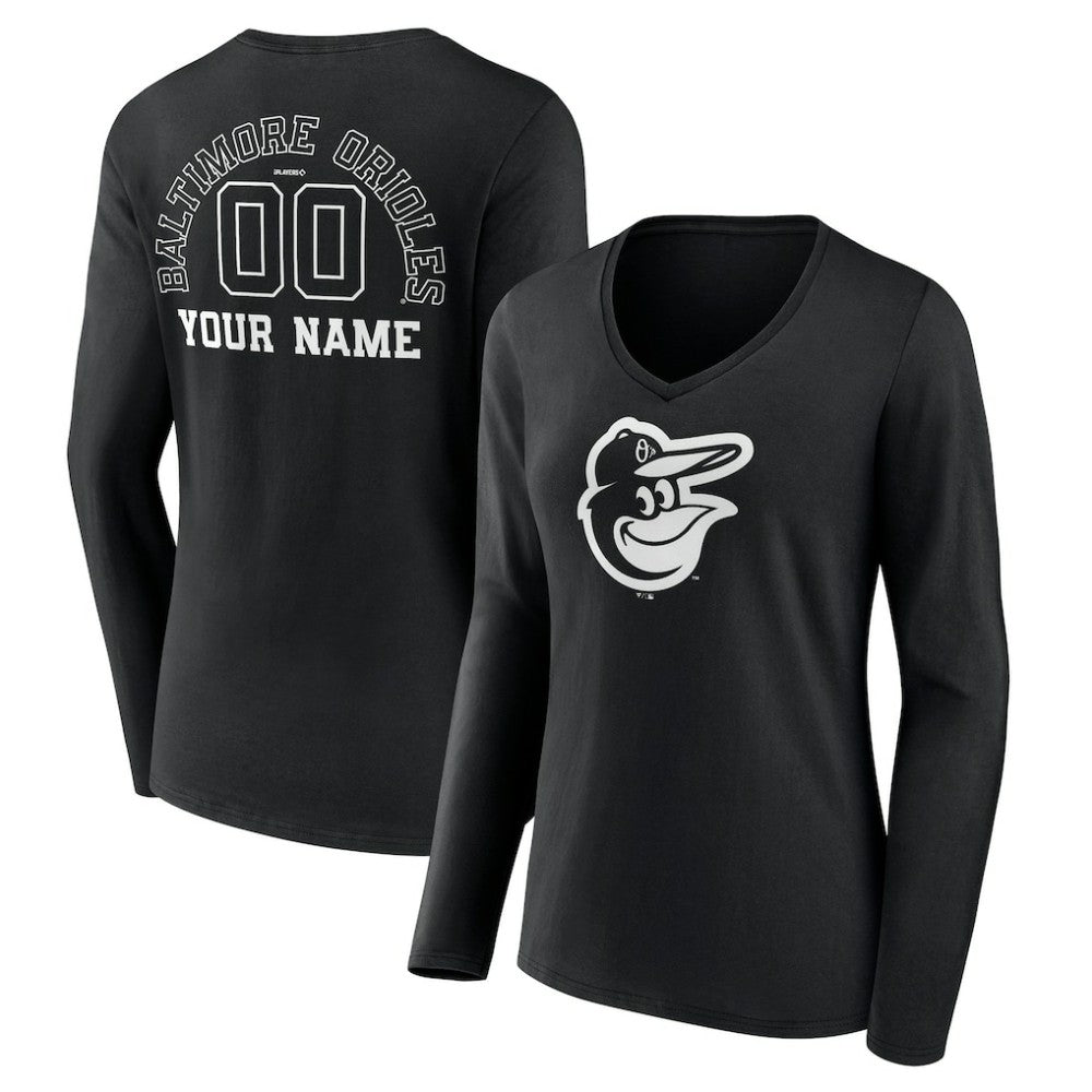 Baltimore Orioles Women's Monochrome Personalized Name & Number Long Sleeve V-Neck T-Shirt - Black