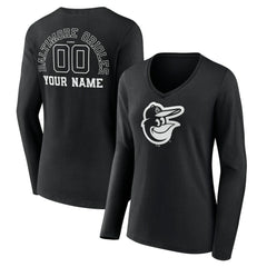 Baltimore Orioles Women's Monochrome Personalized Name & Number Long Sleeve V-Neck T-Shirt - Black