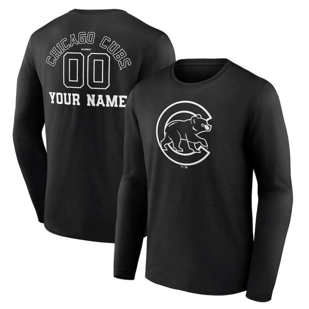 Chicago Cubs Monochrome Personalized Name & Number Long Sleeve T-Shirt - Black