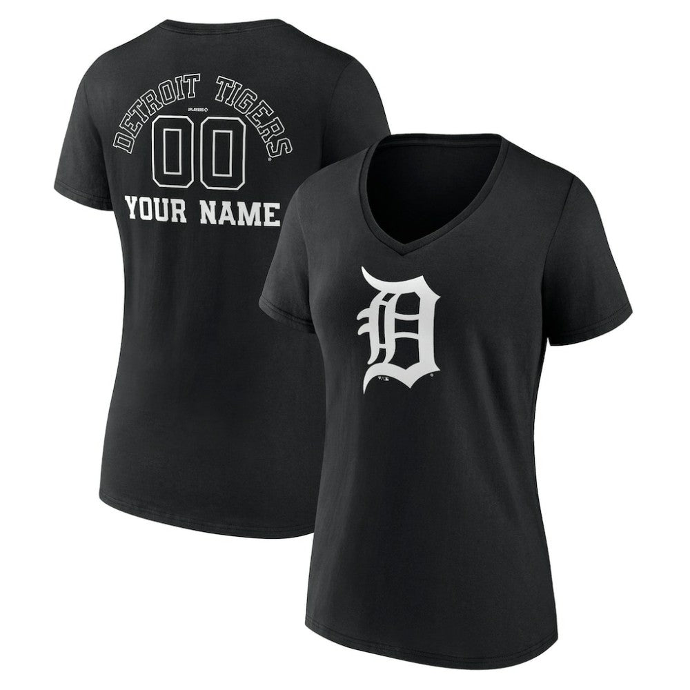 Detroit Tigers Women's Monochrome Personalized Name & Number V-Neck T-Shirt - Black
