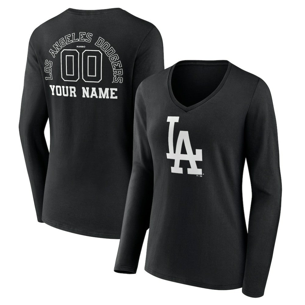 Los Angeles Dodgers Women's Monochrome Personalized Name & Number Long Sleeve V-Neck T-Shirt - Black