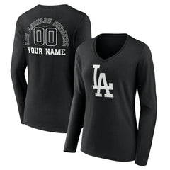 Los Angeles Dodgers Women's Monochrome Personalized Name & Number Long Sleeve V-Neck T-Shirt - Black