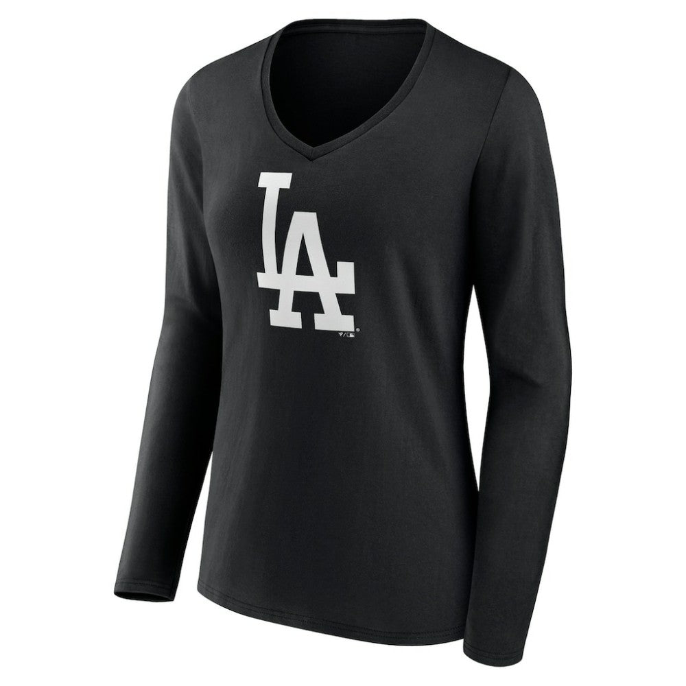 Los Angeles Dodgers Women's Monochrome Personalized Name & Number Long Sleeve V-Neck T-Shirt - Black