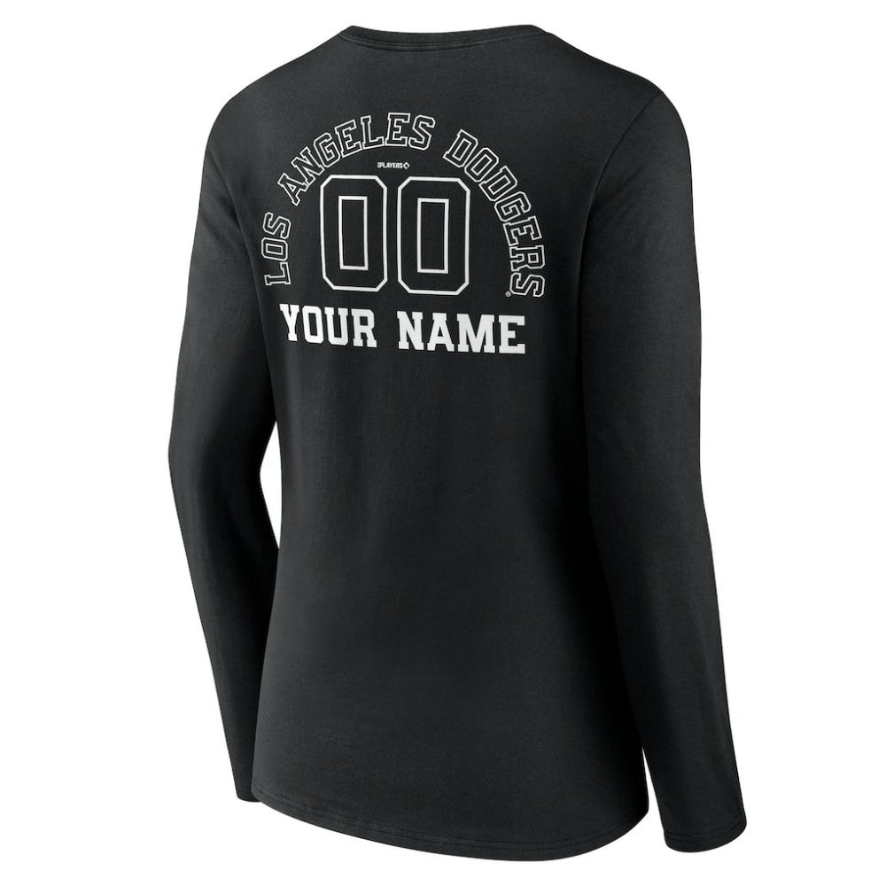 Los Angeles Dodgers Women's Monochrome Personalized Name & Number Long Sleeve V-Neck T-Shirt - Black