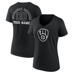 Milwaukee Brewers Women's Monochrome Personalized Name & Number V-Neck T-Shirt - Black