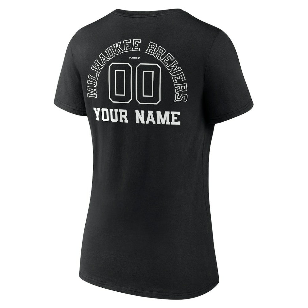 Milwaukee Brewers Women's Monochrome Personalized Name & Number V-Neck T-Shirt - Black
