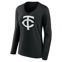 Minnesota Twins Women's Monochrome Personalized Name & Number Long Sleeve V-Neck T-Shirt - Black