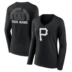 Pittsburgh Pirates Women's Monochrome Personalized Name & Number Long Sleeve V-Neck T-Shirt - Black
