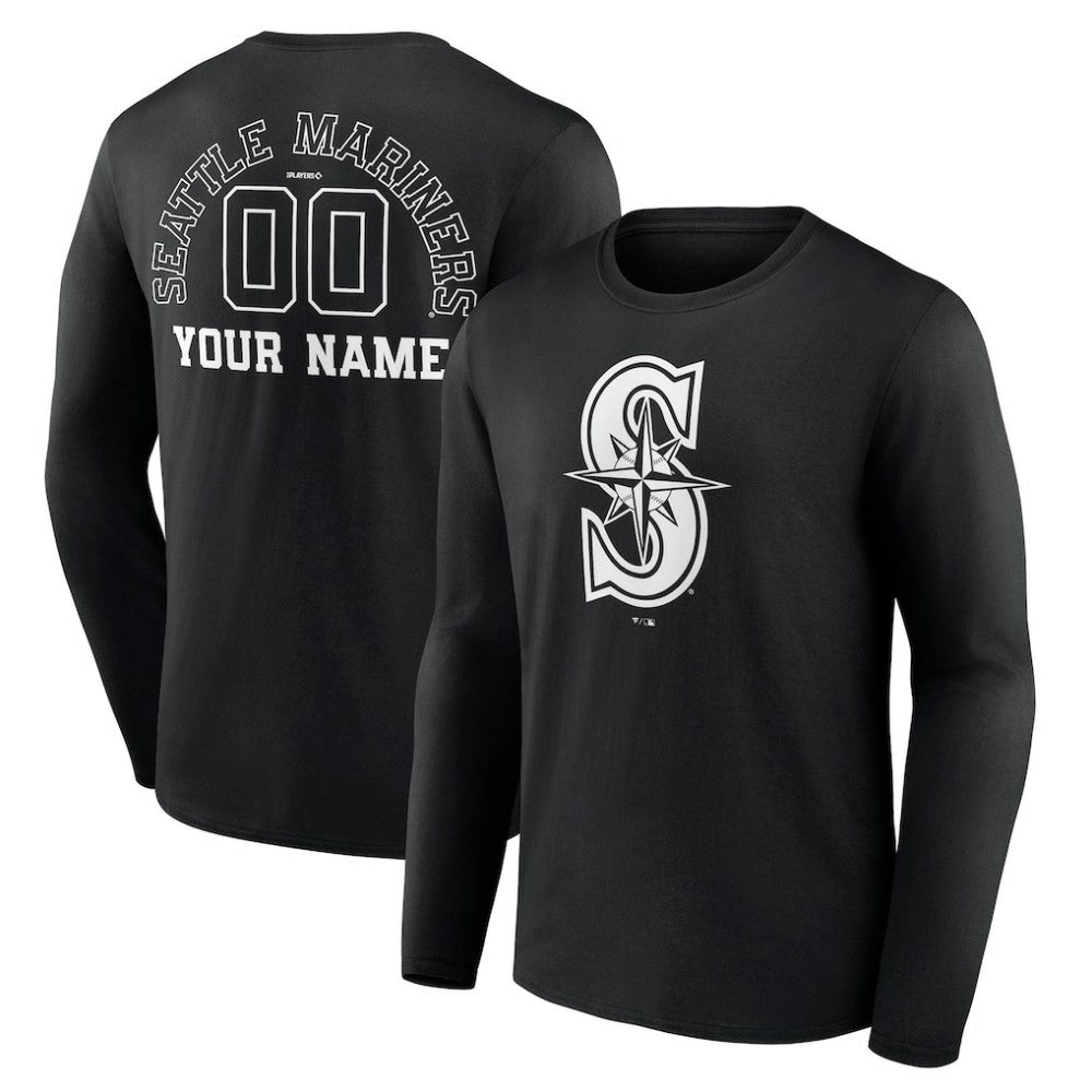 Seattle Mariners Monochrome Personalized Name & Number Long Sleeve T-Shirt - Black
