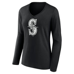 Seattle Mariners Women's Monochrome Personalized Name & Number Long Sleeve V-Neck T-Shirt - Black