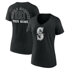Seattle Mariners Women's Monochrome Personalized Name & Number V-Neck T-Shirt - Black