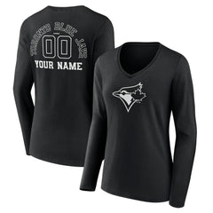 Toronto Blue Jays Women's Monochrome Personalized Name & Number Long Sleeve V-Neck T-Shirt - Black