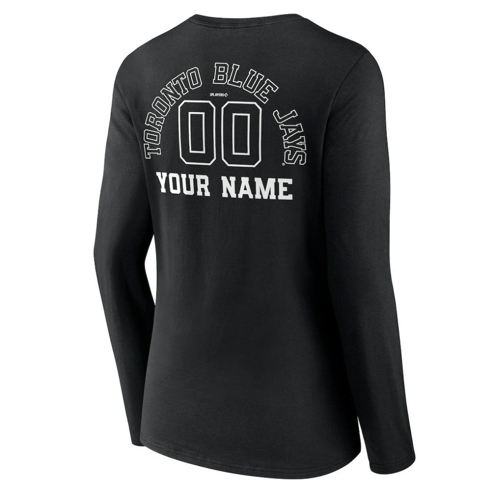 Toronto Blue Jays Women's Monochrome Personalized Name & Number Long Sleeve V-Neck T-Shirt - Black