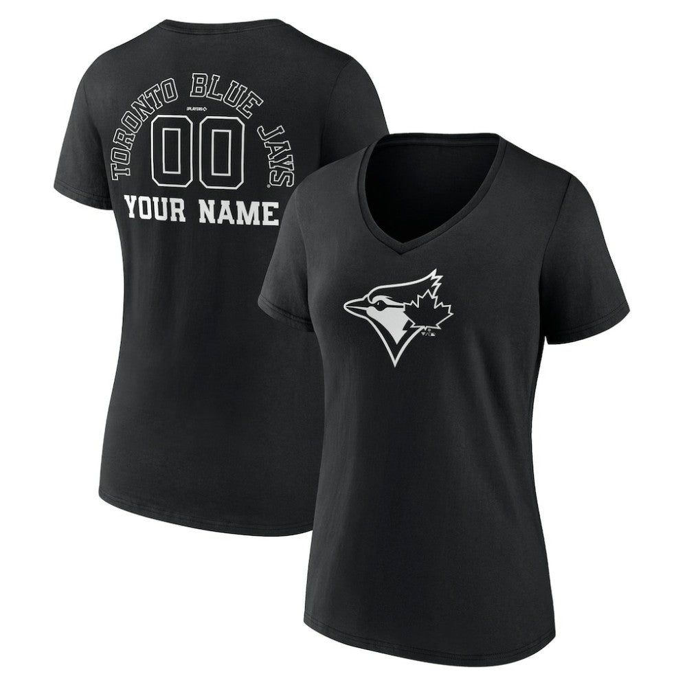 Toronto Blue Jays Women's Monochrome Personalized Name & Number V-Neck T-Shirt - Black