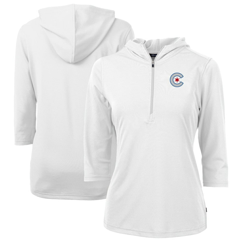 Chicago Cubs Cutter & Buck Women's City Connect Virtue Eco Pique Recycled Half-Zip Pullover Hoodie - White