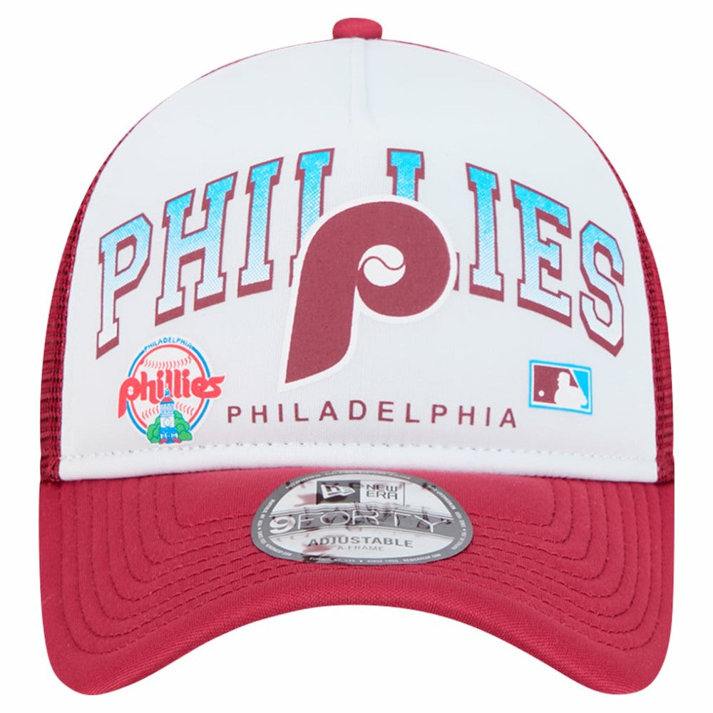 Philadelphia Phillies Retro Wordmark 9FORTY A-Frame Trucker Adjustable Hat - White | New Era